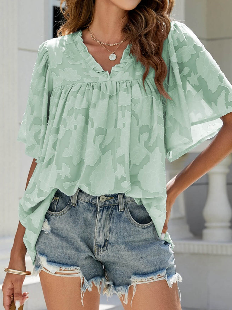Flared Sleeve V Neck Chiffon Top