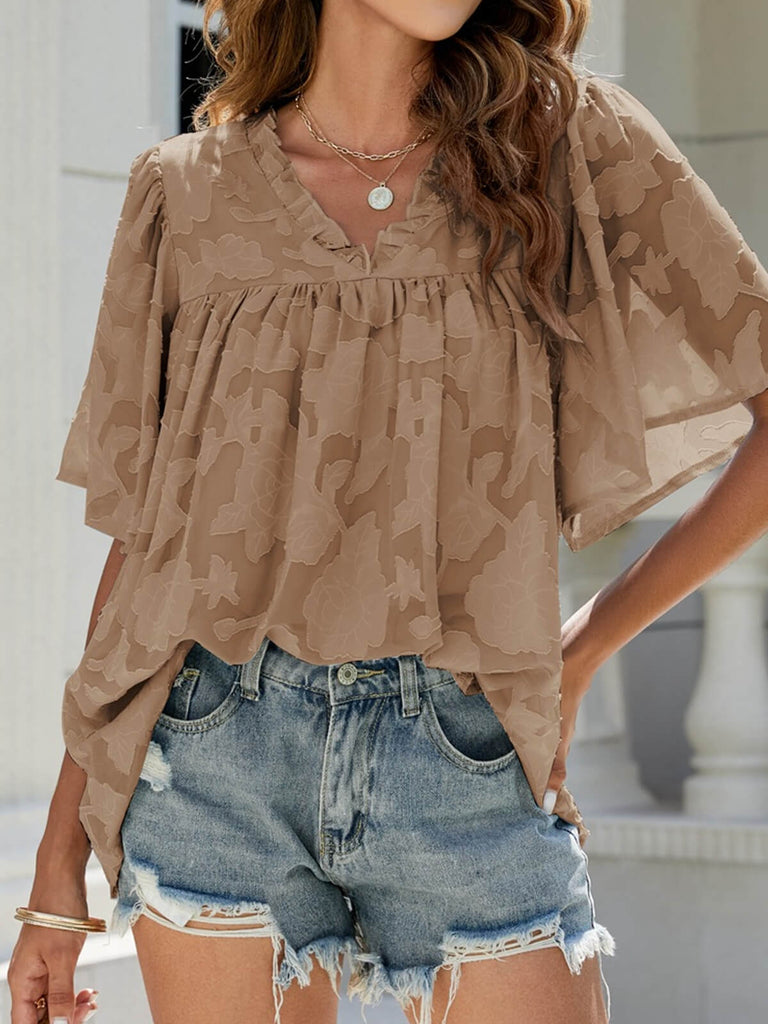 Flared Sleeve V Neck Chiffon Top