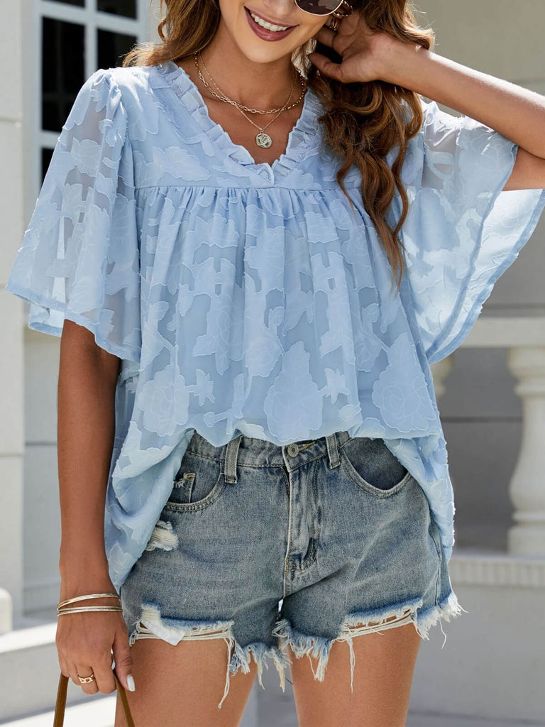 Flared Sleeve V Neck Chiffon Top