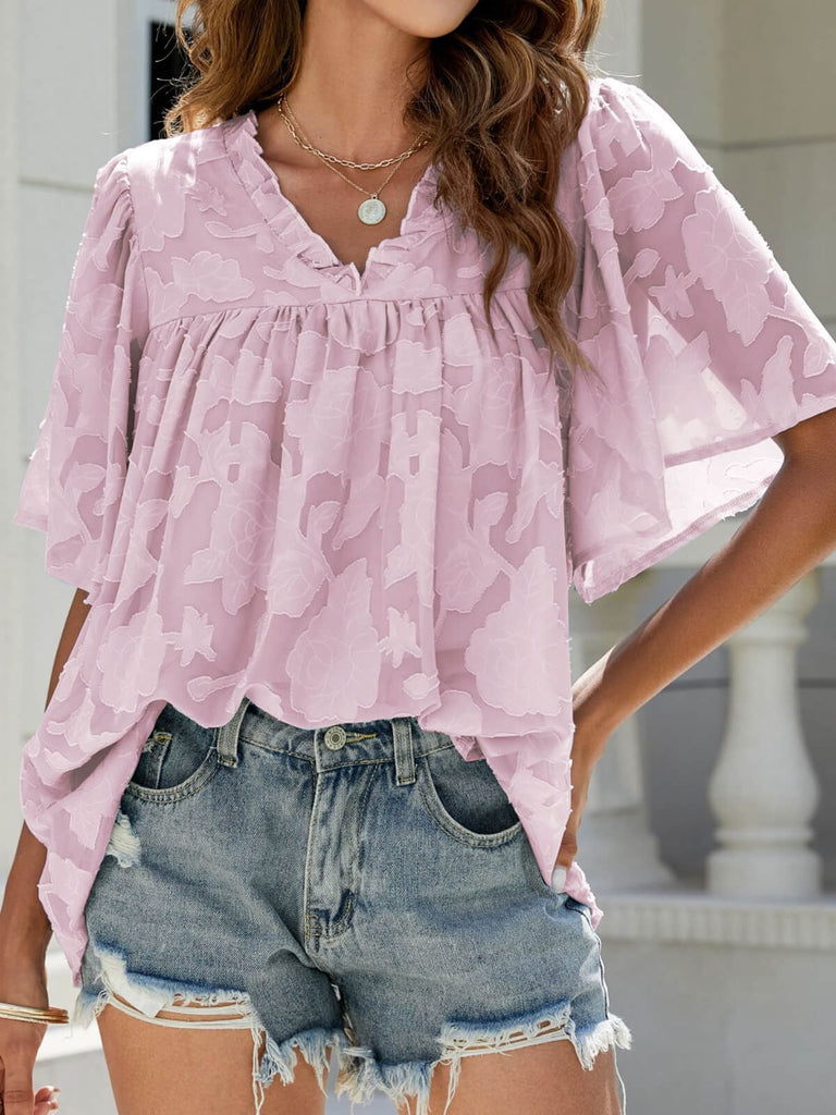 Flared Sleeve V Neck Chiffon Top