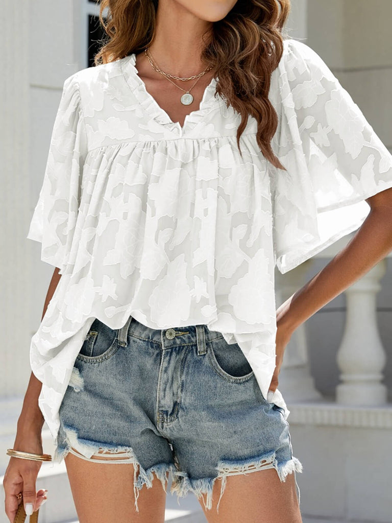 Flared Sleeve V Neck Chiffon Top