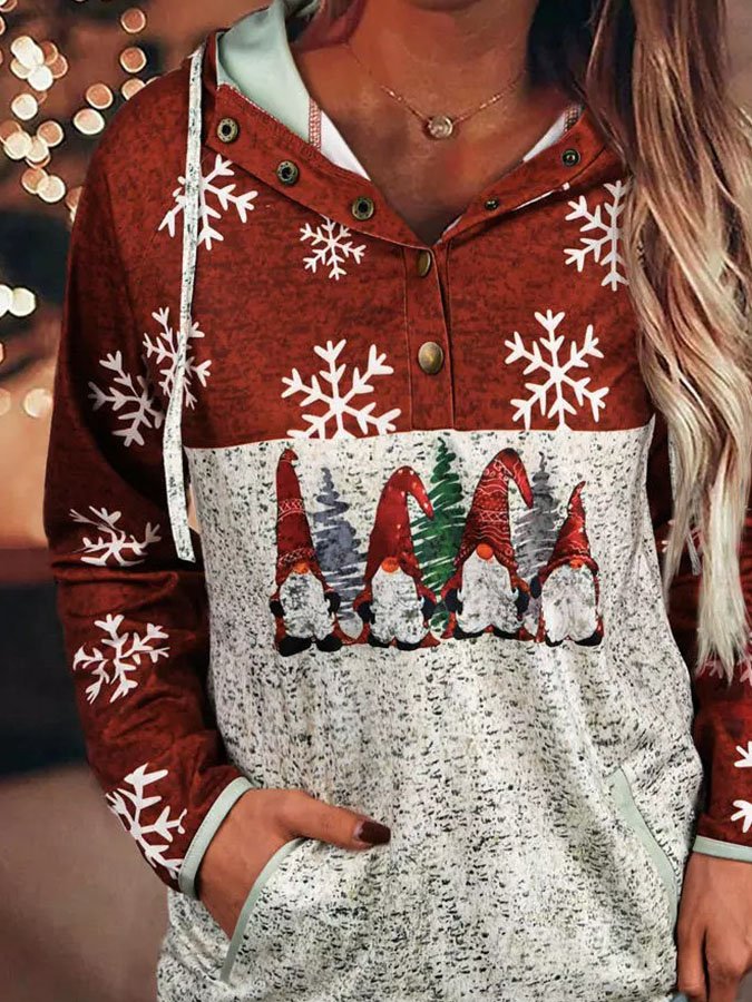 Christmas Gnome Hooded Snowflake Long Sleeve Sweatshirt