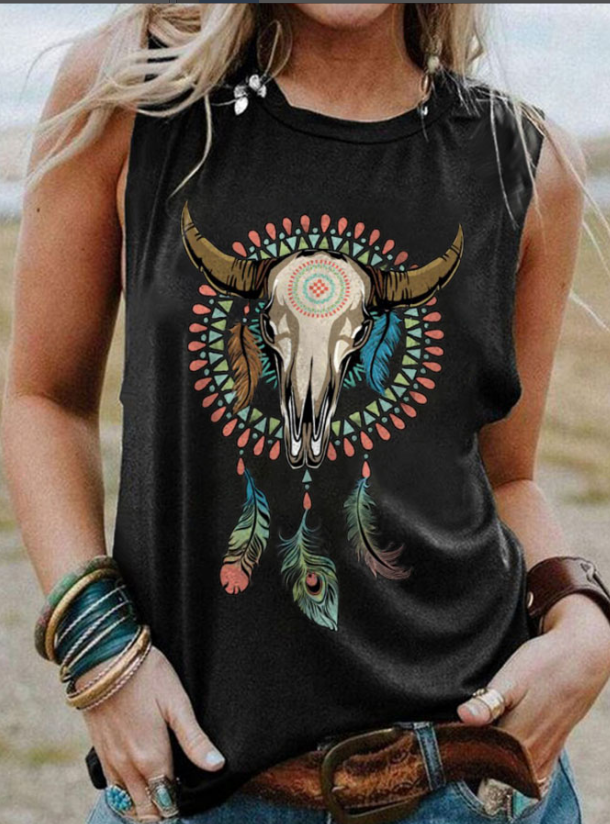 Boho Bull Skull Vintage Tank Top