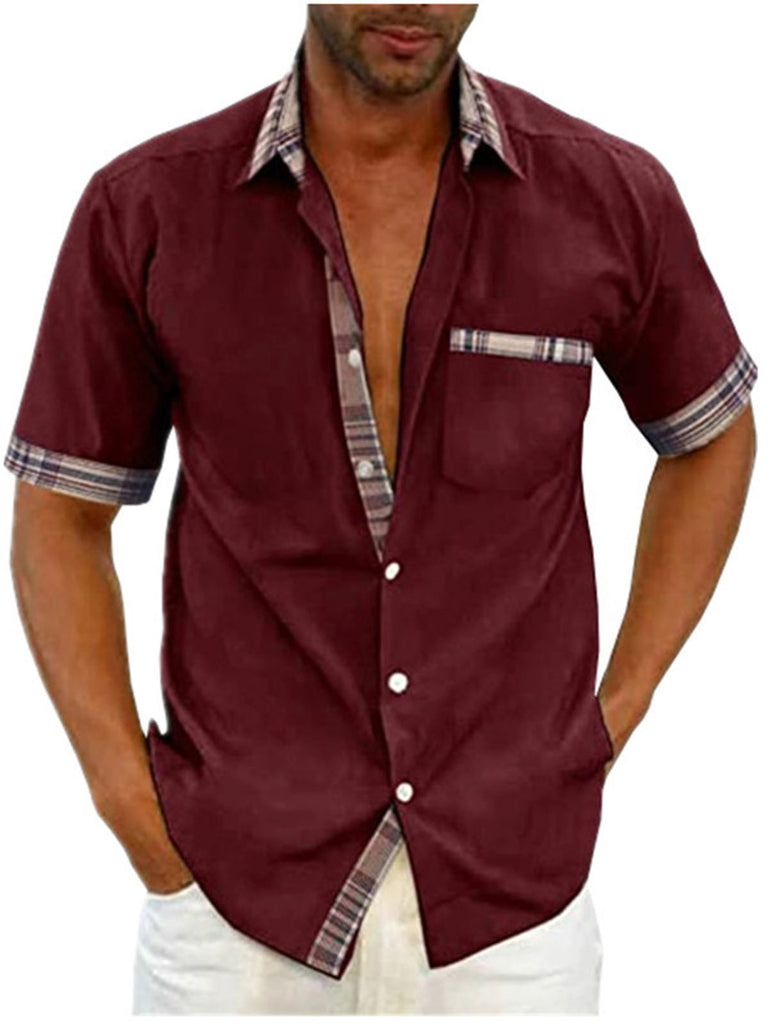 Casual Short Sleeve Plaid Collar Button Down Men Shirt