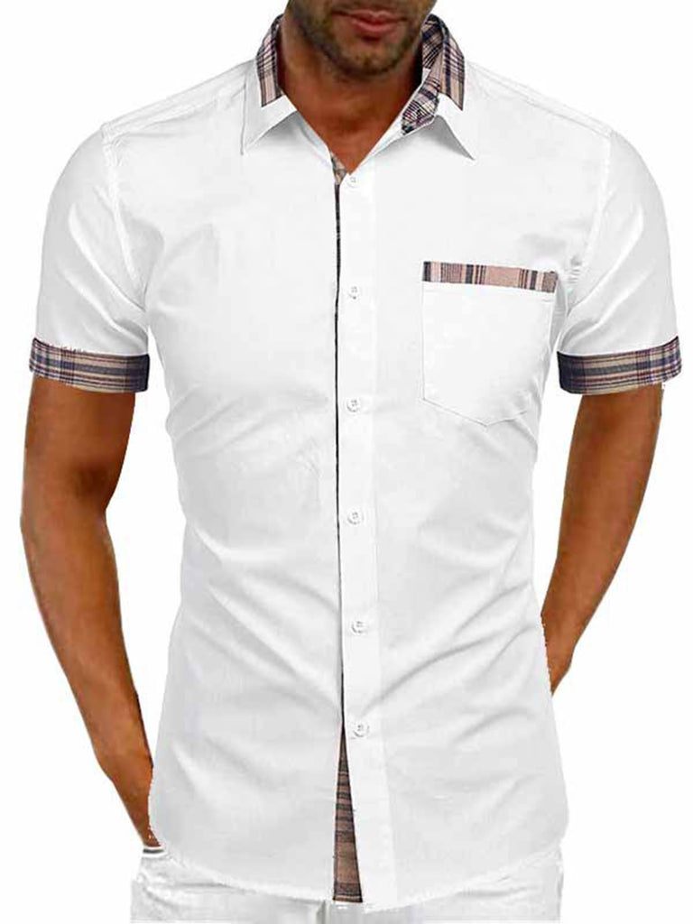 Casual Short Sleeve Plaid Collar Button Down Men Shirt