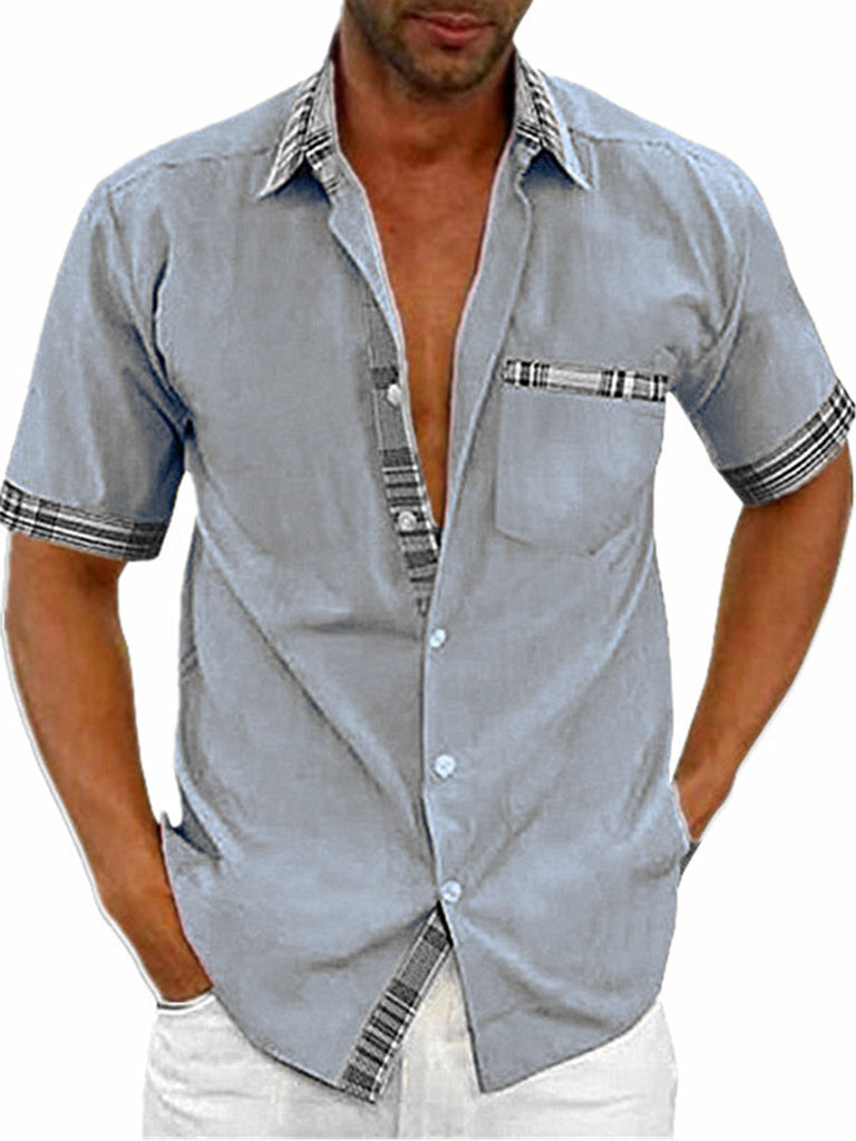 Casual Short Sleeve Plaid Collar Button Down Men Shirt