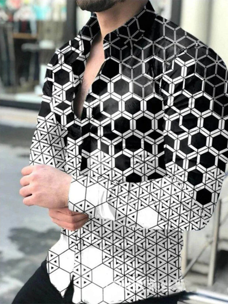 Long Sleeved Button Down Men Printed Shirt