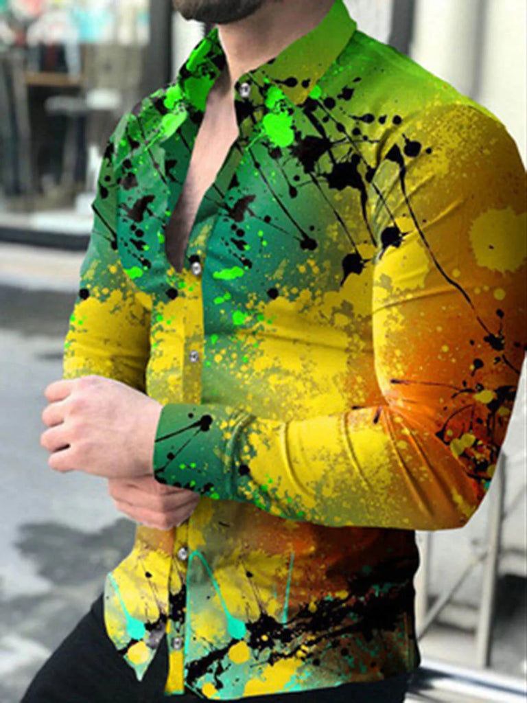 Long Sleeved Button Down Men Printed Shirt