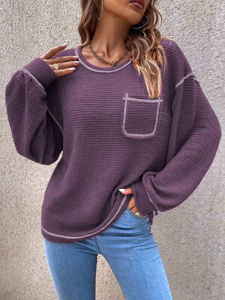 Solid Color Knit Pullover Sweater with Pocket