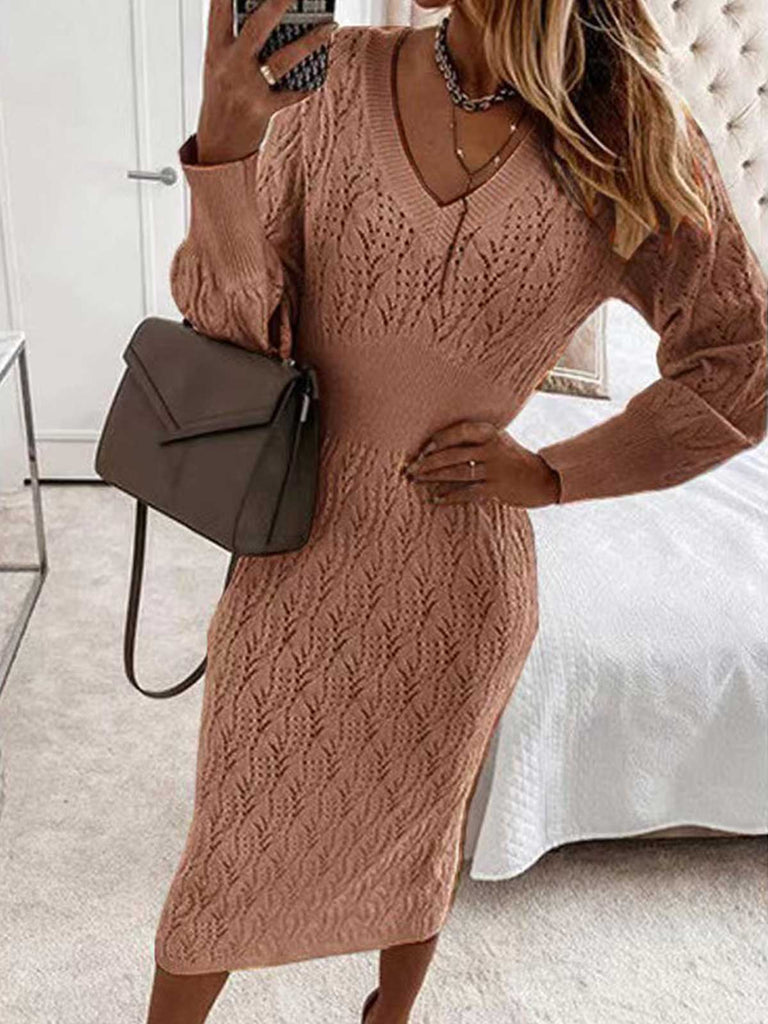 Ruched V Neck Sweater Dress