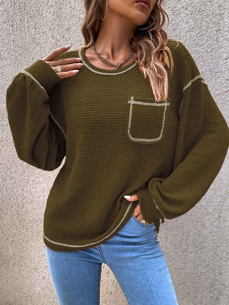 Solid Color Knit Pullover Sweater with Pocket