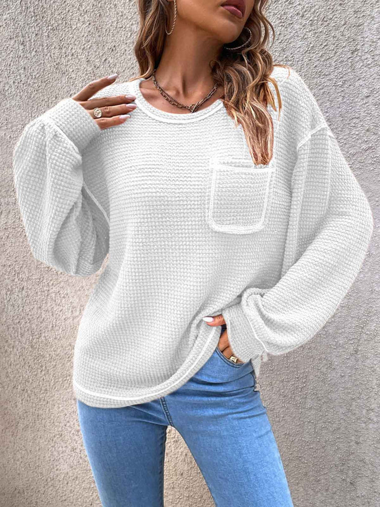 Solid Color Knit Pullover Sweater with Pocket