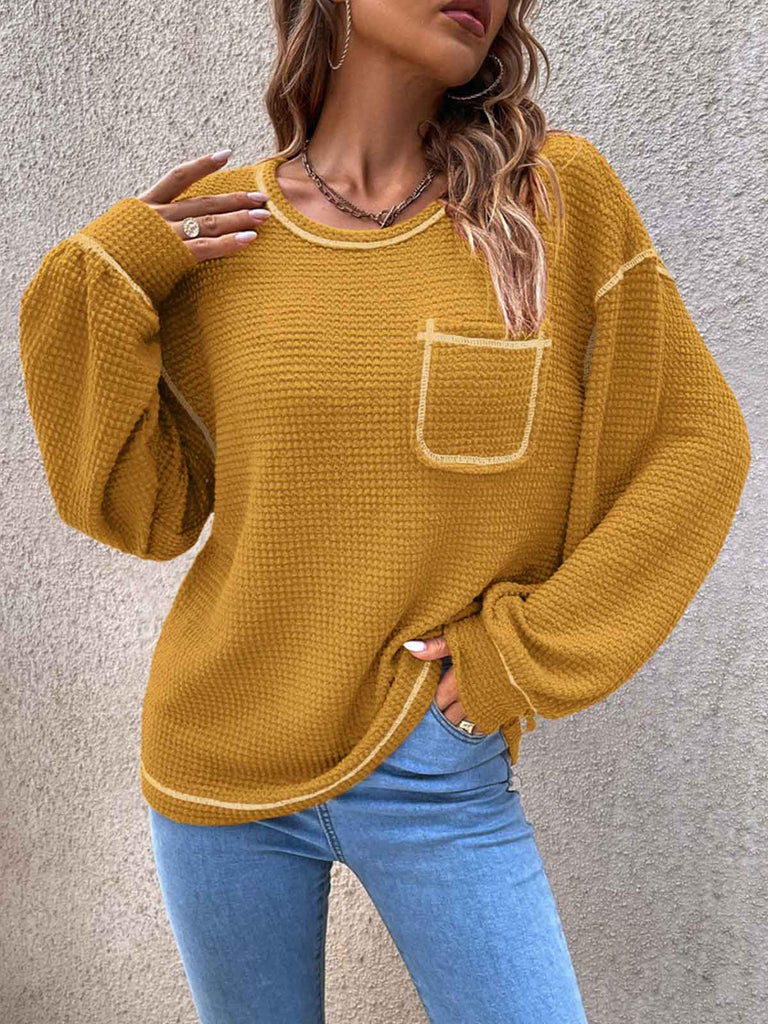 Solid Color Knit Pullover Sweater with Pocket