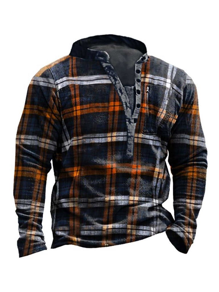 Retro Plaid Outdoor Henley Collar Tactical Sweatshirt