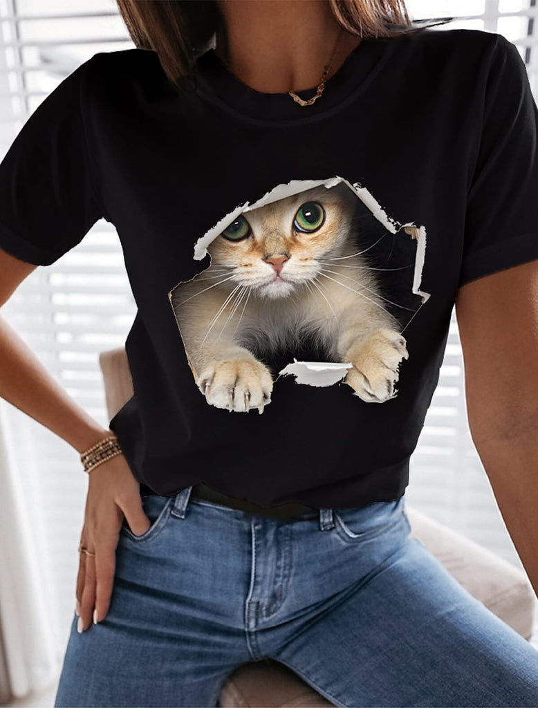 Funny Tee Shirt White Black Graphic Cat Print