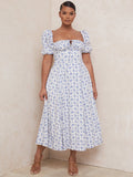 New Chiffon Puff Sleeve Floral French Long Skirt