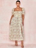 New Chiffon Puff Sleeve Floral French Long Skirt