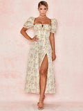 New Chiffon Puff Sleeve Floral French Long Skirt