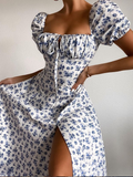 New Chiffon Puff Sleeve Floral French Long Skirt