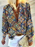 Retro Graphic Print Lantern Sleeve Plunge Shirt