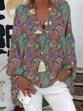 V-Cut Paisley Print Lantern Sleeve Top