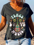 Floral Guitar Peace Love Music Printed Graphic Tee