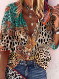 Leopard Print 3/4 Sleeves Button Up Casual Shirt Blouse