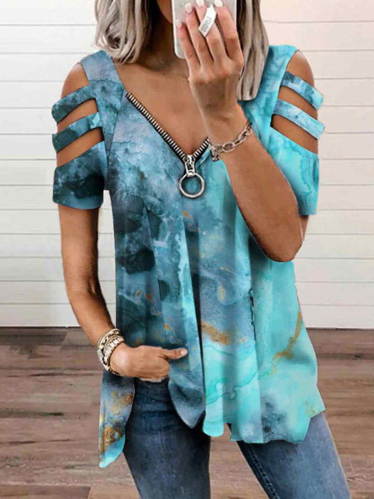 Zip Front Tie Dyed Cutout Sleeve T-shirt
