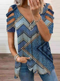 Colorblock Zip Front Cutout Sleeve T-shirt