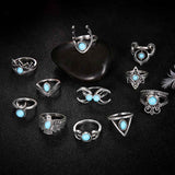 Retro totem flower turquoise 11-piece joint combination ring