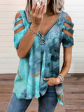 Zip Front Tie Dyed Cutout Sleeve T-shirt