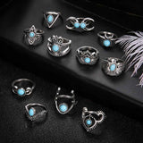 Retro totem flower turquoise 11-piece joint combination ring