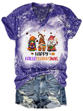 Happy Hallothanksmas Gnomes Print Tie Dye V-neck Shirt