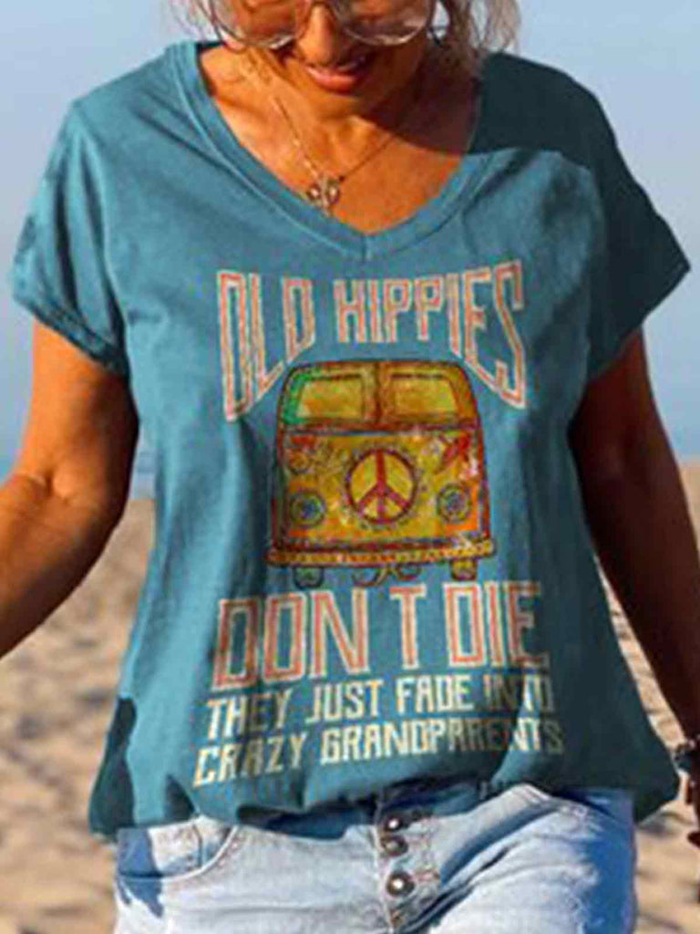 Retro V-neck Old Hippies Don't Die Printed Graphic Tee