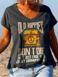Retro V-neck Old Hippies Don't Die Printed Graphic Tee