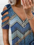 Colorblock Zip Front Cutout Sleeve T-shirt