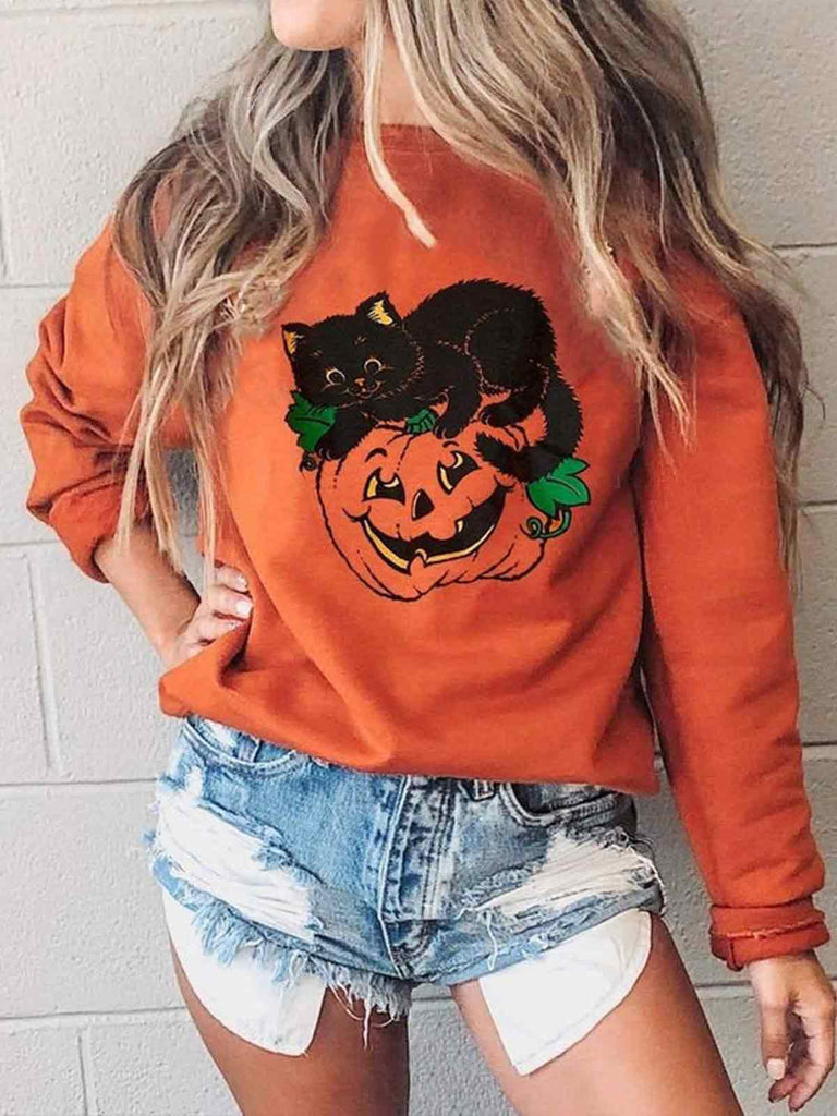Pumpkin and Black Cat Halloween Sweatshirt