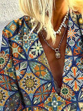 Retro Graphic Print Lantern Sleeve Plunge Shirt