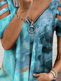 Zip Front Tie Dyed Cutout Sleeve T-shirt