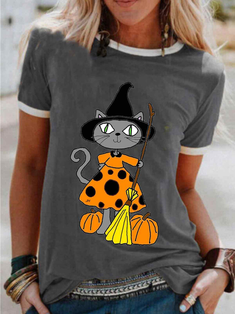 Cat WItch Halloween Crew Neck Tee