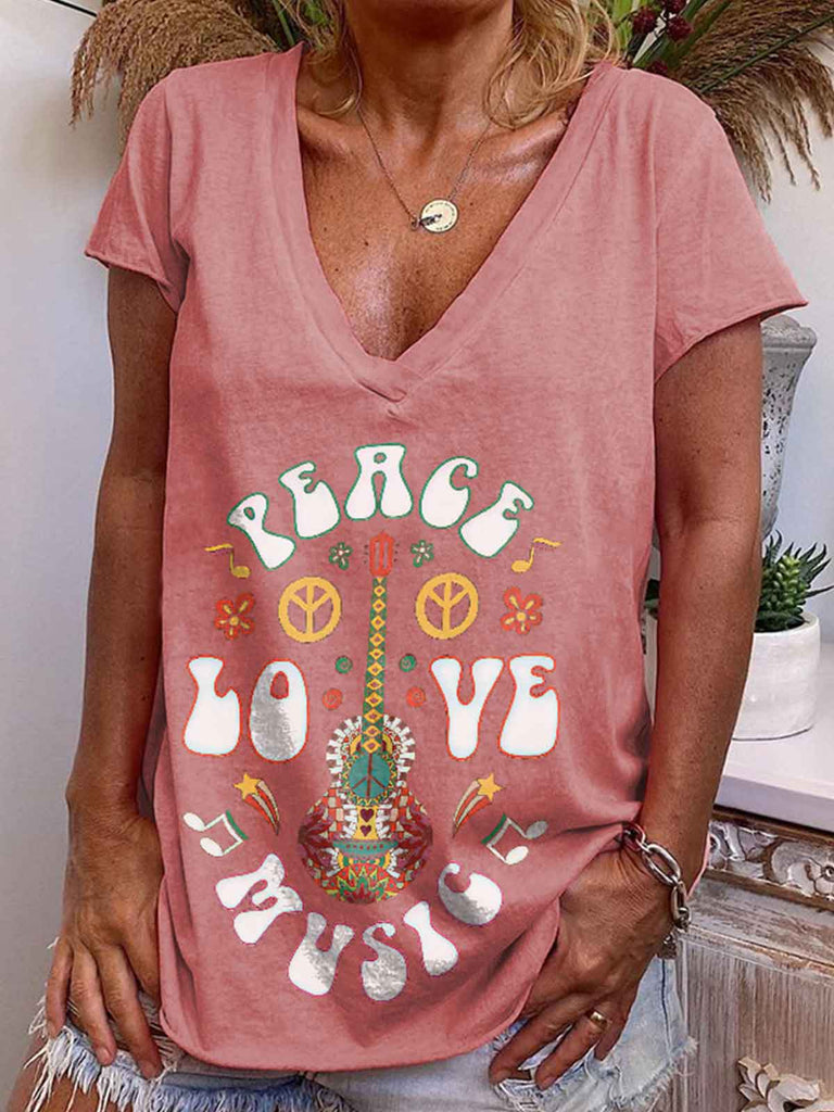Floral Guitar Peace Love Music Printed Graphic Tee