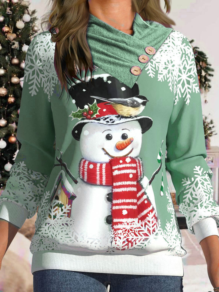 Women's Christmas Snowman Print Pile Collar Sweatshirt