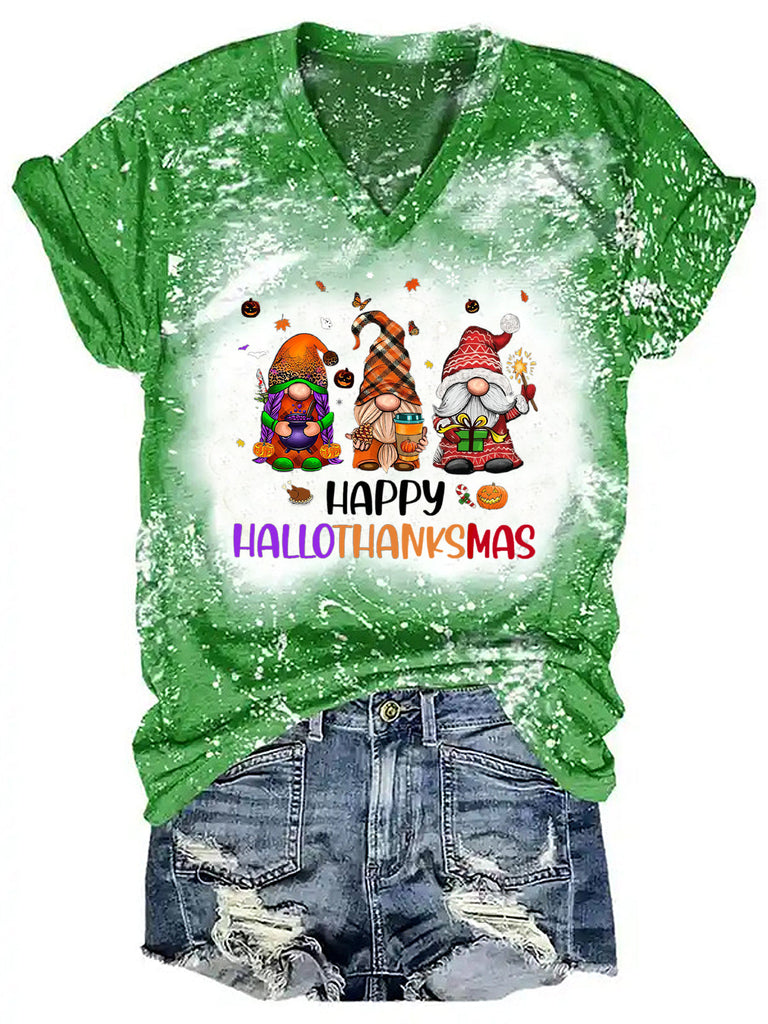 Happy Hallothanksmas Gnomes Print Tie Dye V-neck Shirt