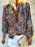 Retro Graphic Print Lantern Sleeve Plunge Shirt