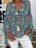 V-Cut Paisley Print Lantern Sleeve Top