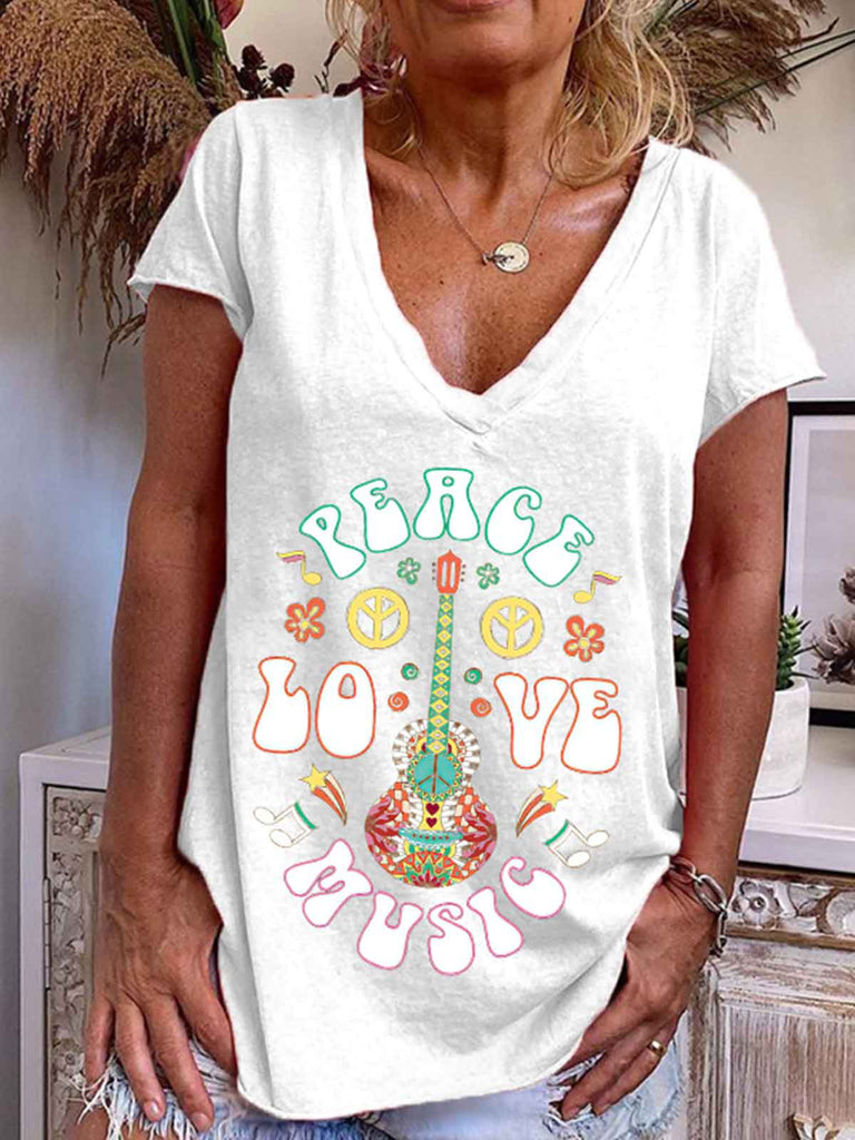 Floral Guitar Peace Love Music Printed Graphic Tee