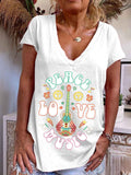 Floral Guitar Peace Love Music Printed Graphic Tee