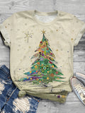 Merry Christmas Tree Print Vintage Round Neck Tee