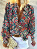 Retro Graphic Print Lantern Sleeve Plunge Shirt