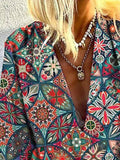 Retro Graphic Print Lantern Sleeve Plunge Shirt